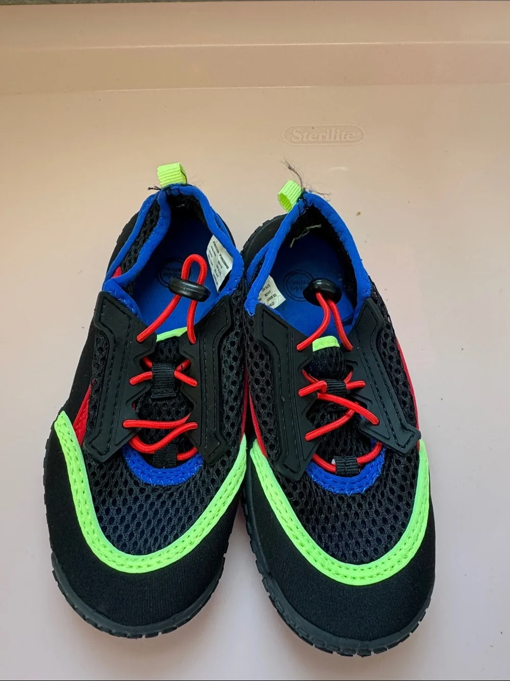 wonder nation Black Water Shoes with Neon Green, Royal Blue & Red Details
